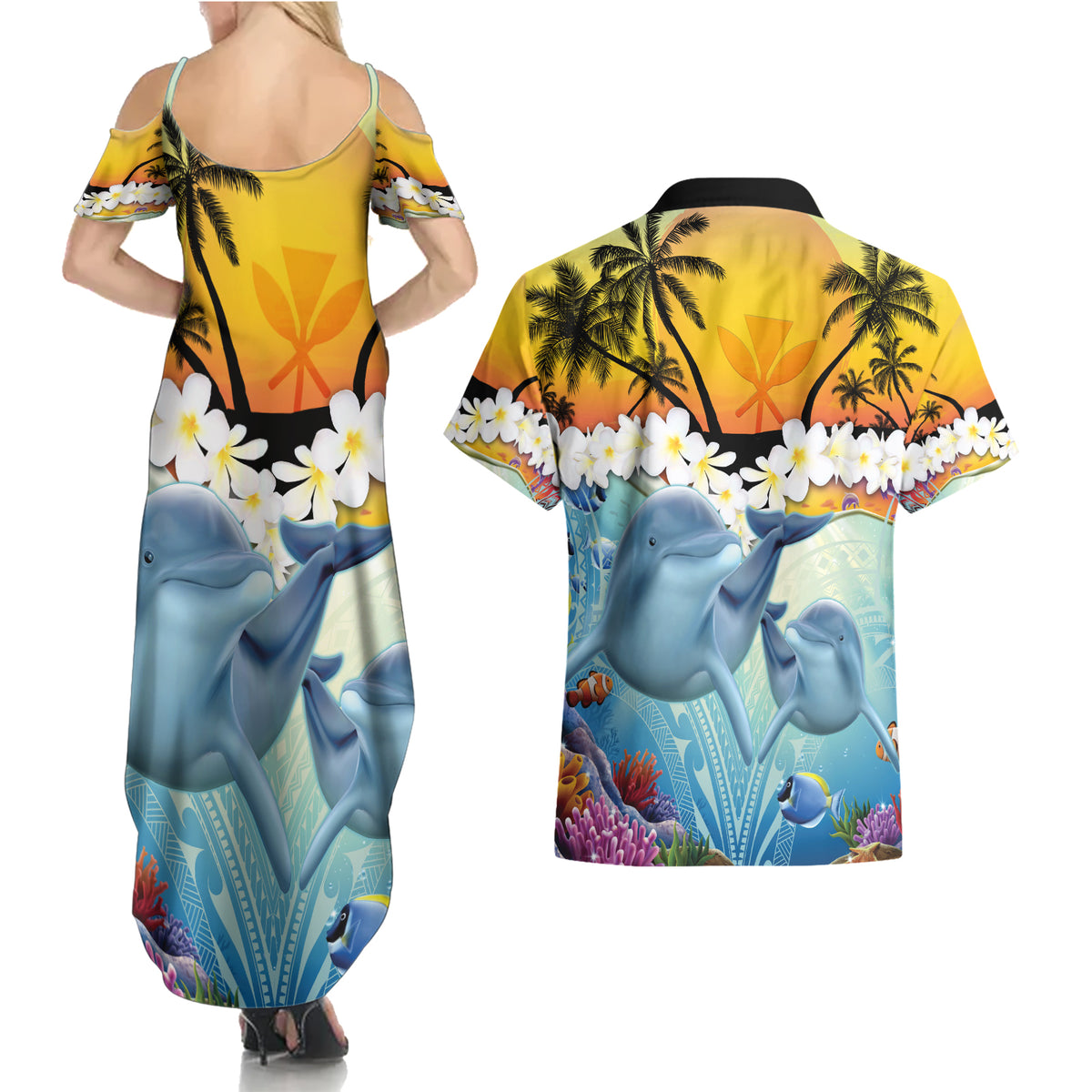 Aloha Hawaii Dolphins Couples Matching Summer Maxi Dress and Hawaiian Shirt Heart Of The Ocean Tropical Summer Vibes LT14 - Polynesian Pride