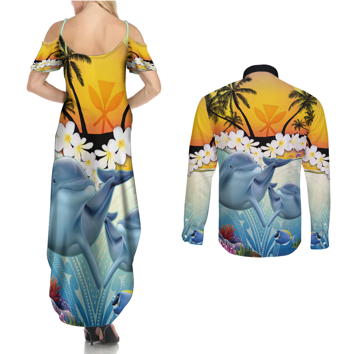 Aloha Hawaii Dolphins Couples Matching Summer Maxi Dress and Long Sleeve Button Shirt Heart Of The Ocean Tropical Summer Vibes LT14 - Polynesian Pride