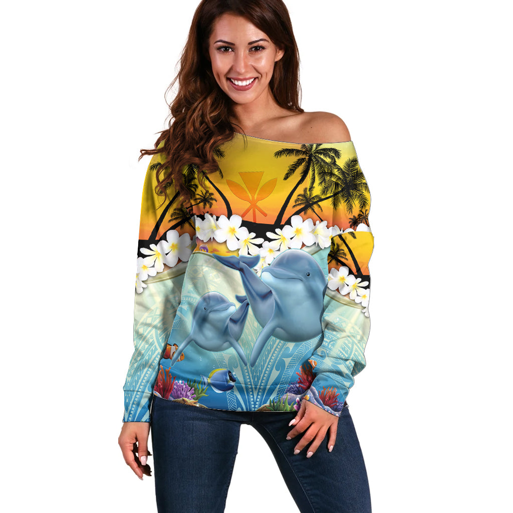 Aloha Hawaii Dolphins Off Shoulder Sweater Heart Of The Ocean Tropical Summer Vibes LT14 Women Blue - Polynesian Pride