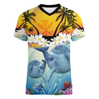 Aloha Hawaii Dolphins Women V Neck T Shirt Heart Of The Ocean Tropical Summer Vibes LT14 Female Blue - Polynesian Pride