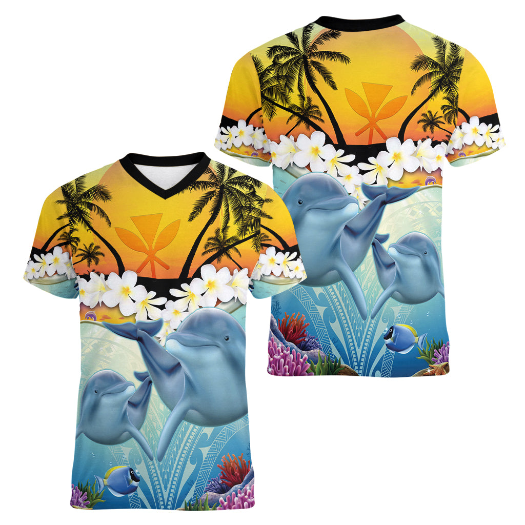 Aloha Hawaii Dolphins Women V Neck T Shirt Heart Of The Ocean Tropical Summer Vibes LT14 - Polynesian Pride