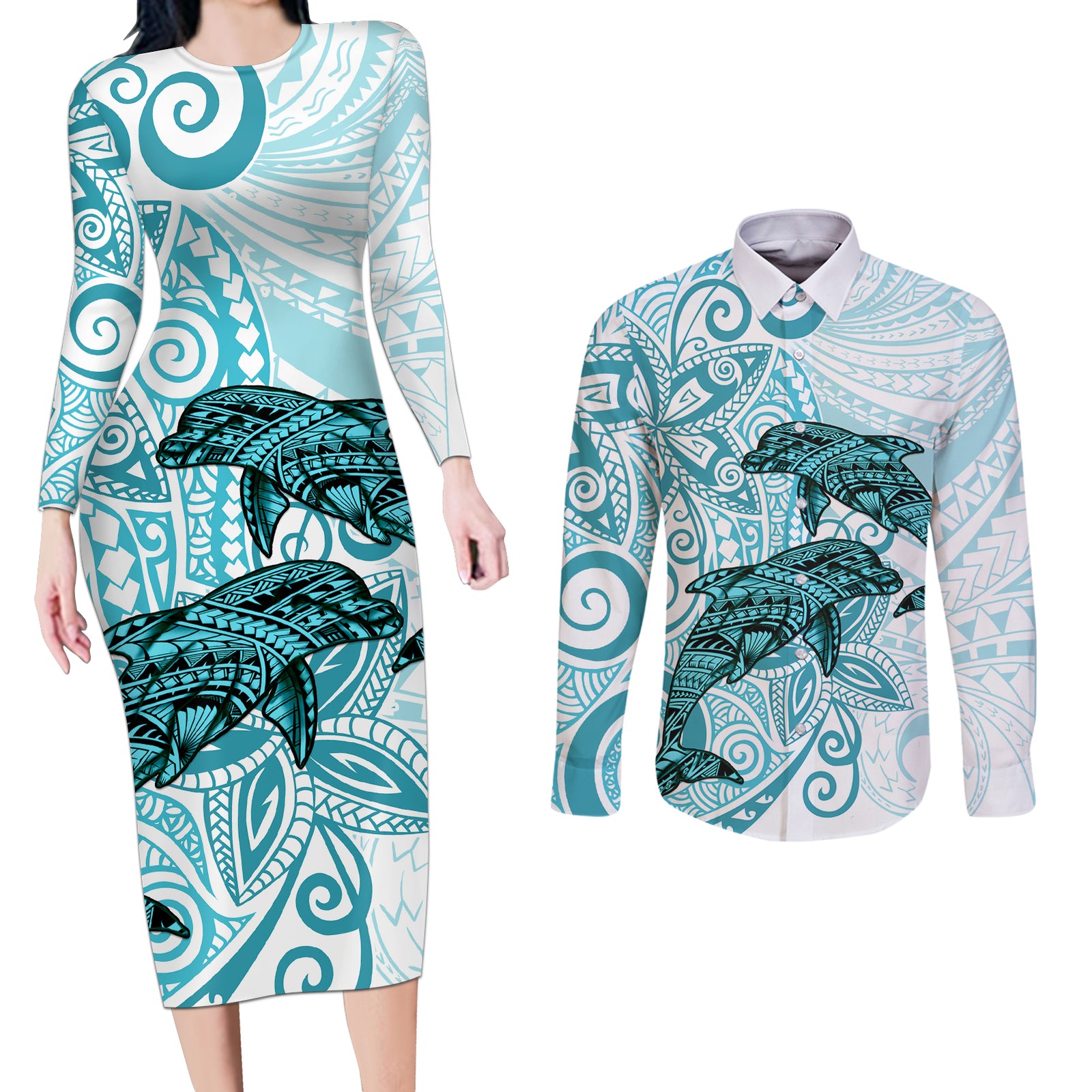 Polynesia Dolphins Couples Matching Long Sleeve Bodycon Dress and Long Sleeve Button Shirt Valentine Day Floral Polynesian - Vintage Dark Cyan LT14 Dark Cyan - Polynesian Pride