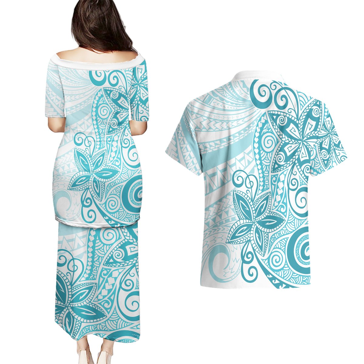 Polynesia Dolphins Couples Matching Puletasi and Hawaiian Shirt Valentine Day Floral Polynesian - Vintage Dark Cyan LT14 - Polynesian Pride