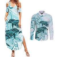 Polynesia Dolphins Couples Matching Summer Maxi Dress and Long Sleeve Button Shirt Valentine Day Floral Polynesian - Vintage Dark Cyan LT14 Dark Cyan - Polynesian Pride