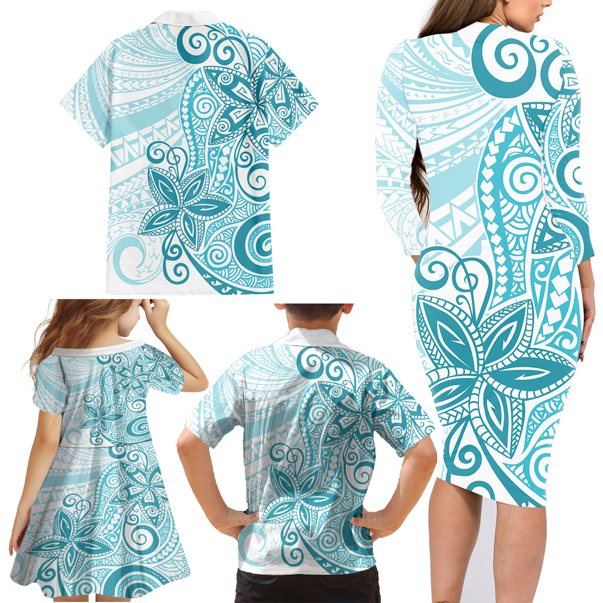 Polynesia Dolphins Family Matching Long Sleeve Bodycon Dress and Hawaiian Shirt Valentine Day Floral Polynesian - Vintage Dark Cyan LT14 - Polynesian Pride