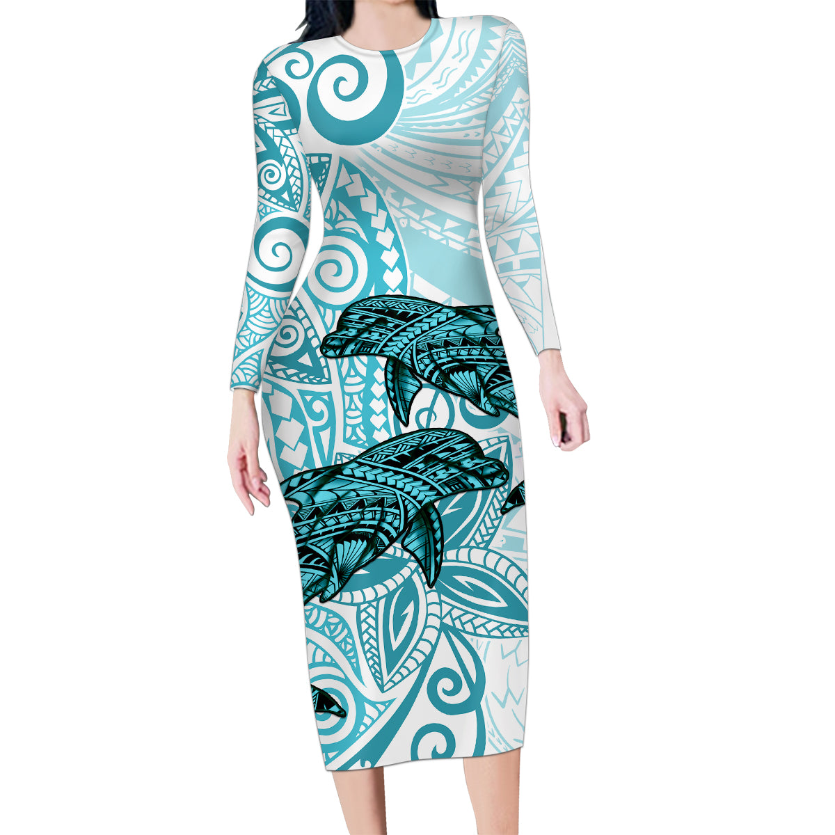 Polynesia Dolphins Family Matching Long Sleeve Bodycon Dress and Hawaiian Shirt Valentine Day Floral Polynesian - Vintage Dark Cyan LT14 Mom's Dress Dark Cyan - Polynesian Pride