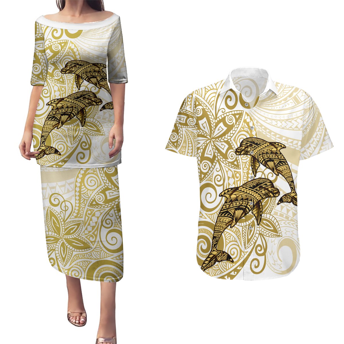 Polynesia Dolphins Couples Matching Puletasi and Hawaiian Shirt Valentine Day Floral Polynesian - Vintage Brown LT14 Brown - Polynesian Pride