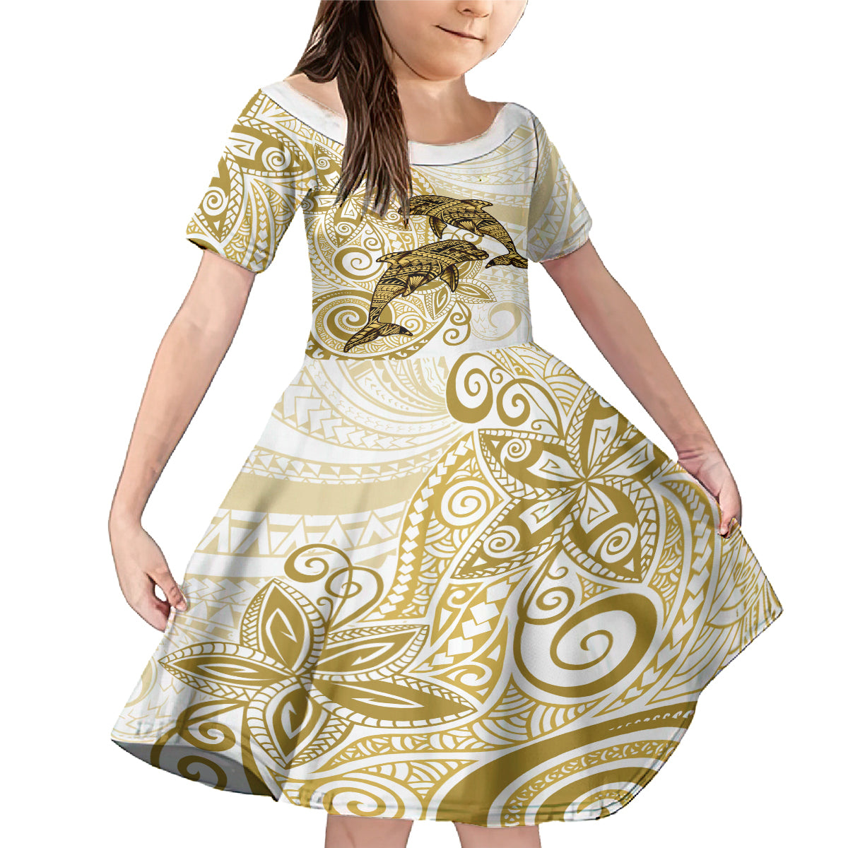Polynesia Dolphins Family Matching Mermaid Dress and Hawaiian Shirt Valentine Day Floral Polynesian - Vintage Brown LT14 Daughter's Dress Brown - Polynesian Pride