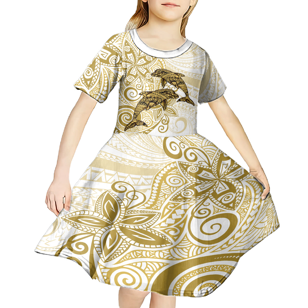 Polynesia Dolphins Kid Short Sleeve Dress Valentine Day Floral Polynesian - Vintage Brown LT14 - Polynesian Pride