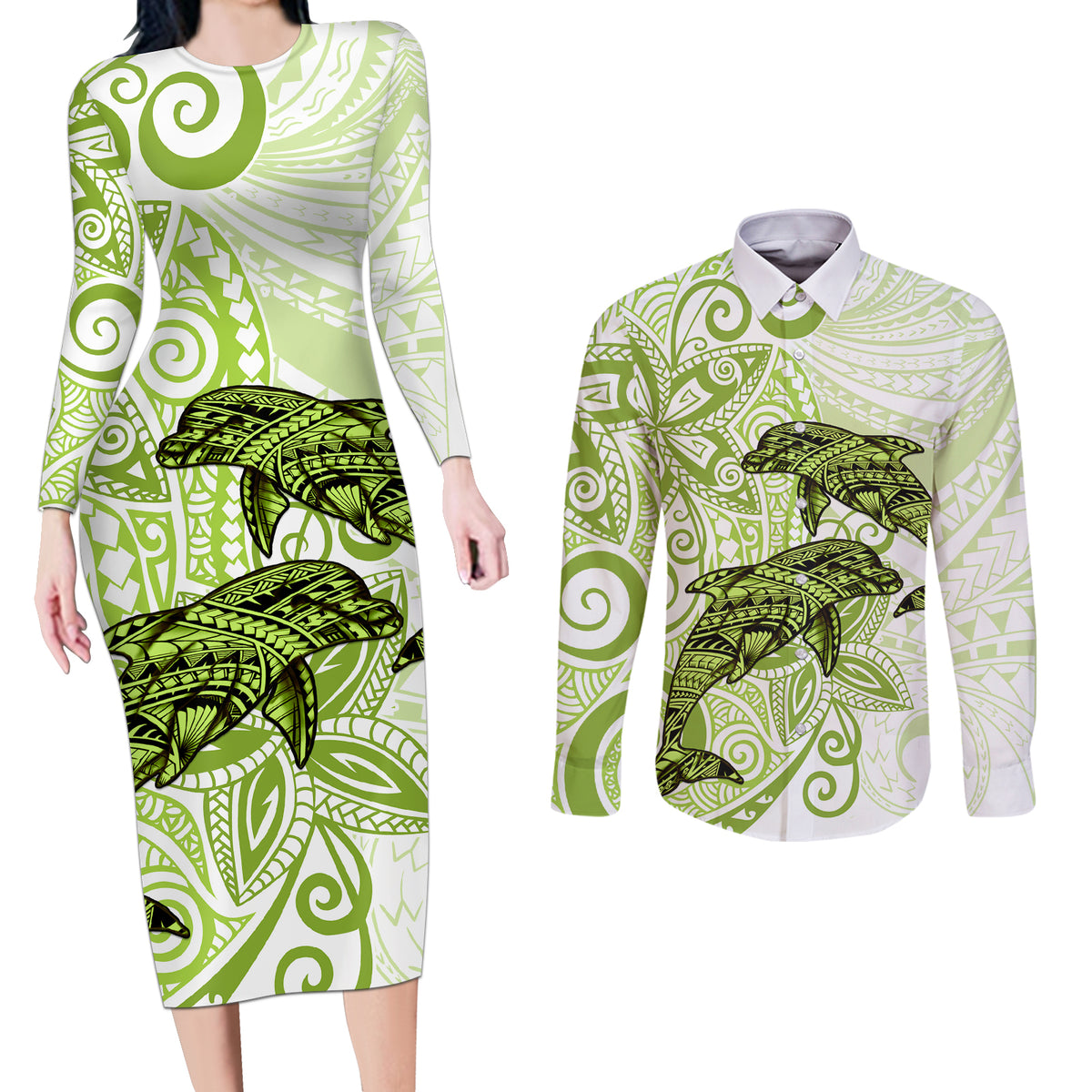 Polynesia Dolphins Couples Matching Long Sleeve Bodycon Dress and Long Sleeve Button Shirt Valentine Day Floral Polynesian - Vintage Lime Green LT14 Lime Green - Polynesian Pride