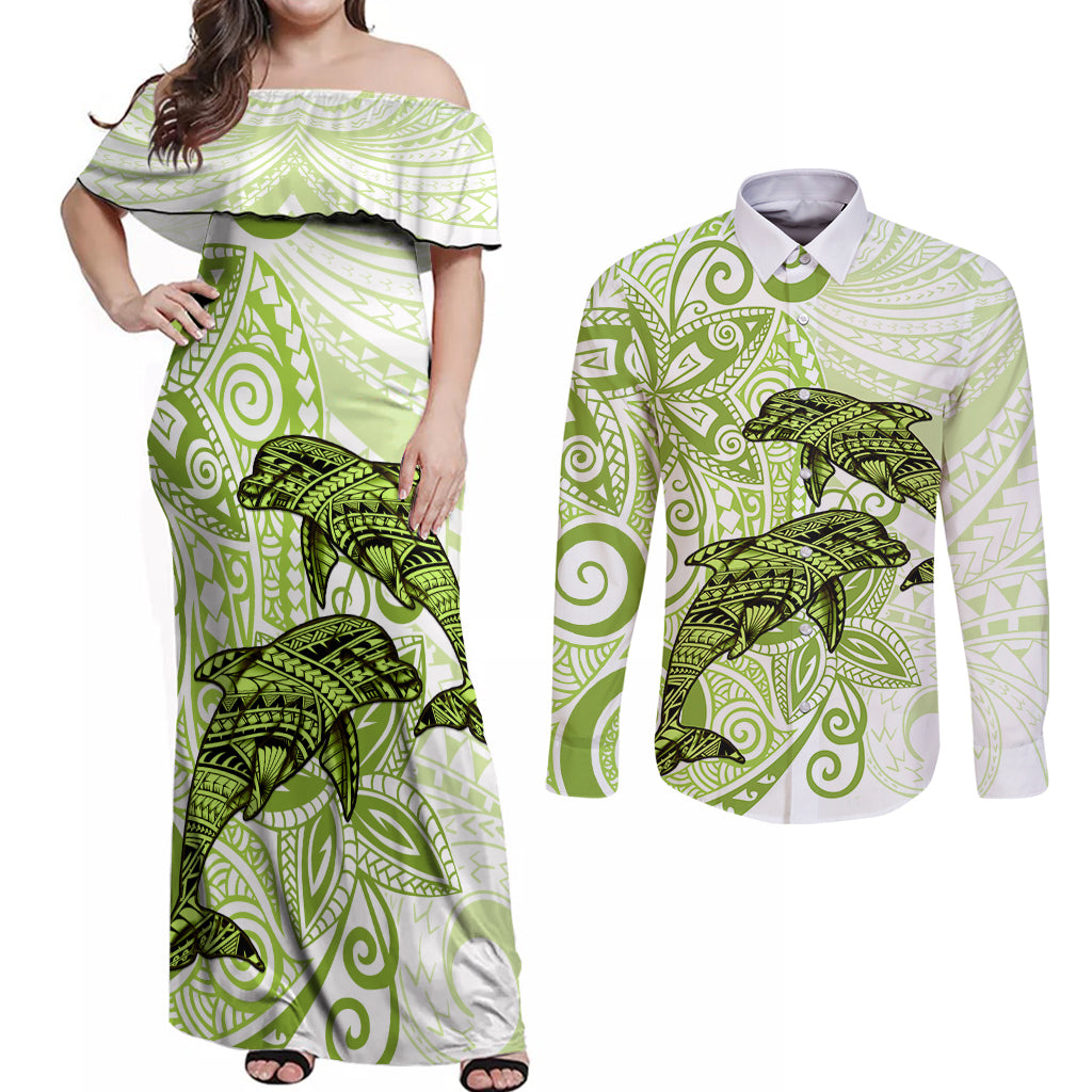 Polynesia Dolphins Couples Matching Off Shoulder Maxi Dress and Long Sleeve Button Shirt Valentine Day Floral Polynesian - Vintage Lime Green LT14 Lime Green - Polynesian Pride