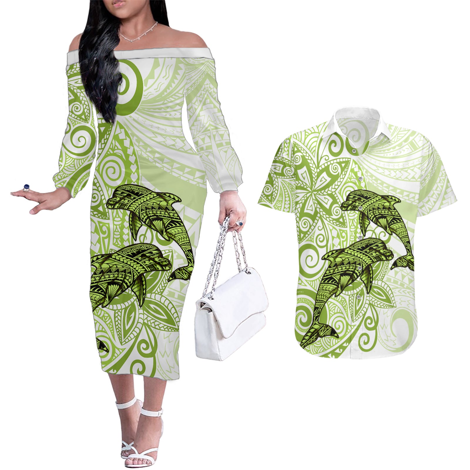 Polynesia Dolphins Couples Matching Off The Shoulder Long Sleeve Dress and Hawaiian Shirt Valentine Day Floral Polynesian - Vintage Lime Green LT14 Lime Green - Polynesian Pride