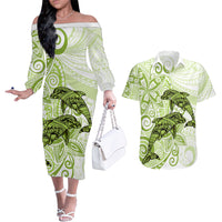 Polynesia Dolphins Couples Matching Off The Shoulder Long Sleeve Dress and Hawaiian Shirt Valentine Day Floral Polynesian - Vintage Lime Green LT14 Lime Green - Polynesian Pride