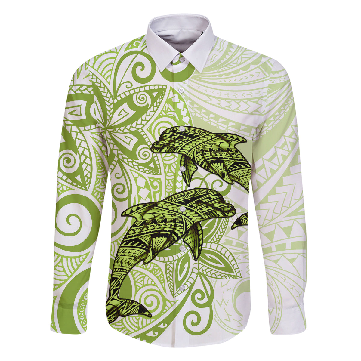 Polynesia Dolphins Family Matching Off Shoulder Maxi Dress and Hawaiian Shirt Valentine Day Floral Polynesian - Vintage Lime Green LT14 Dad's Shirt - Long Sleeve Lime Green - Polynesian Pride