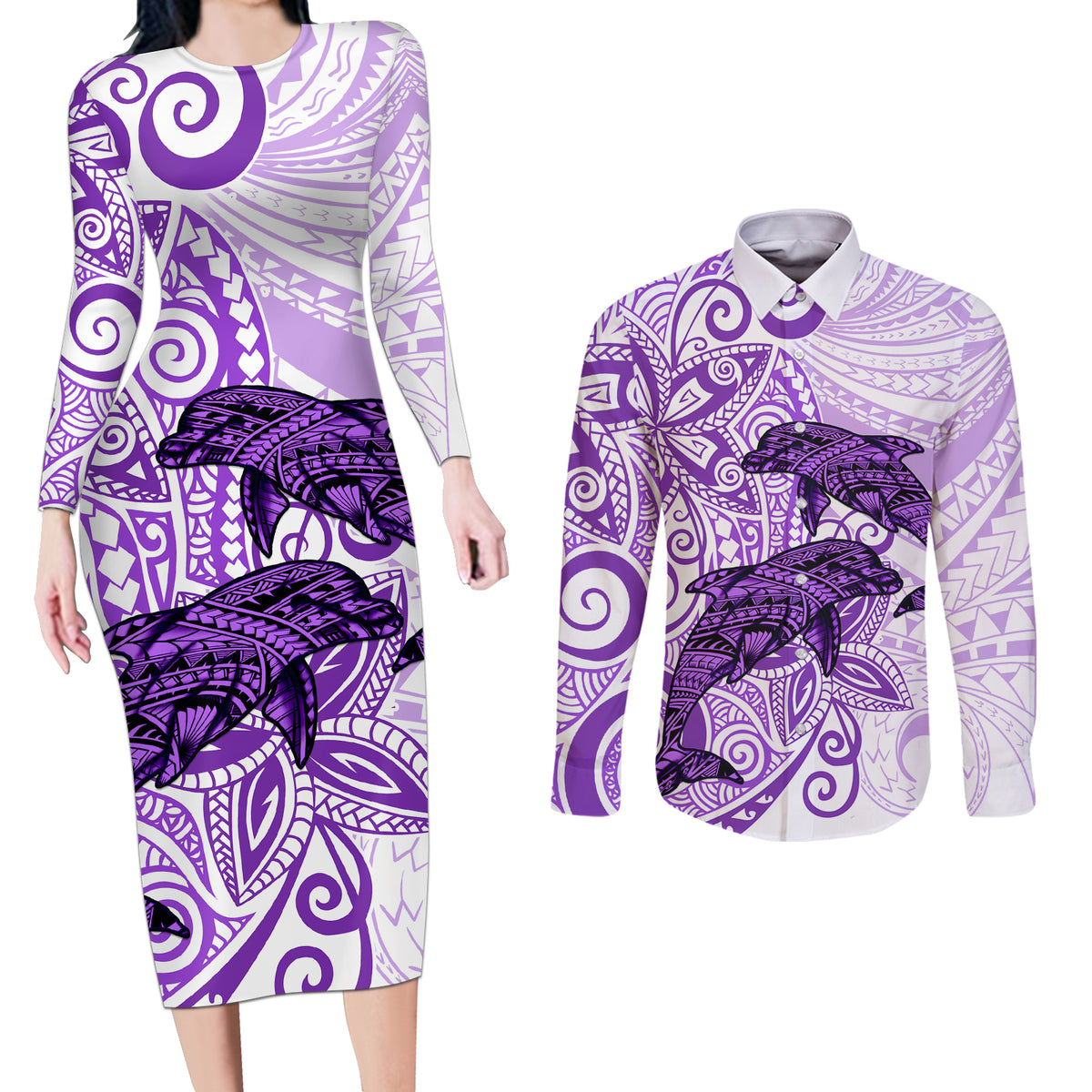 Polynesia Dolphins Couples Matching Long Sleeve Bodycon Dress and Long Sleeve Button Shirt Valentine Day Floral Polynesian - Vintage Purple LT14 Purple - Polynesian Pride
