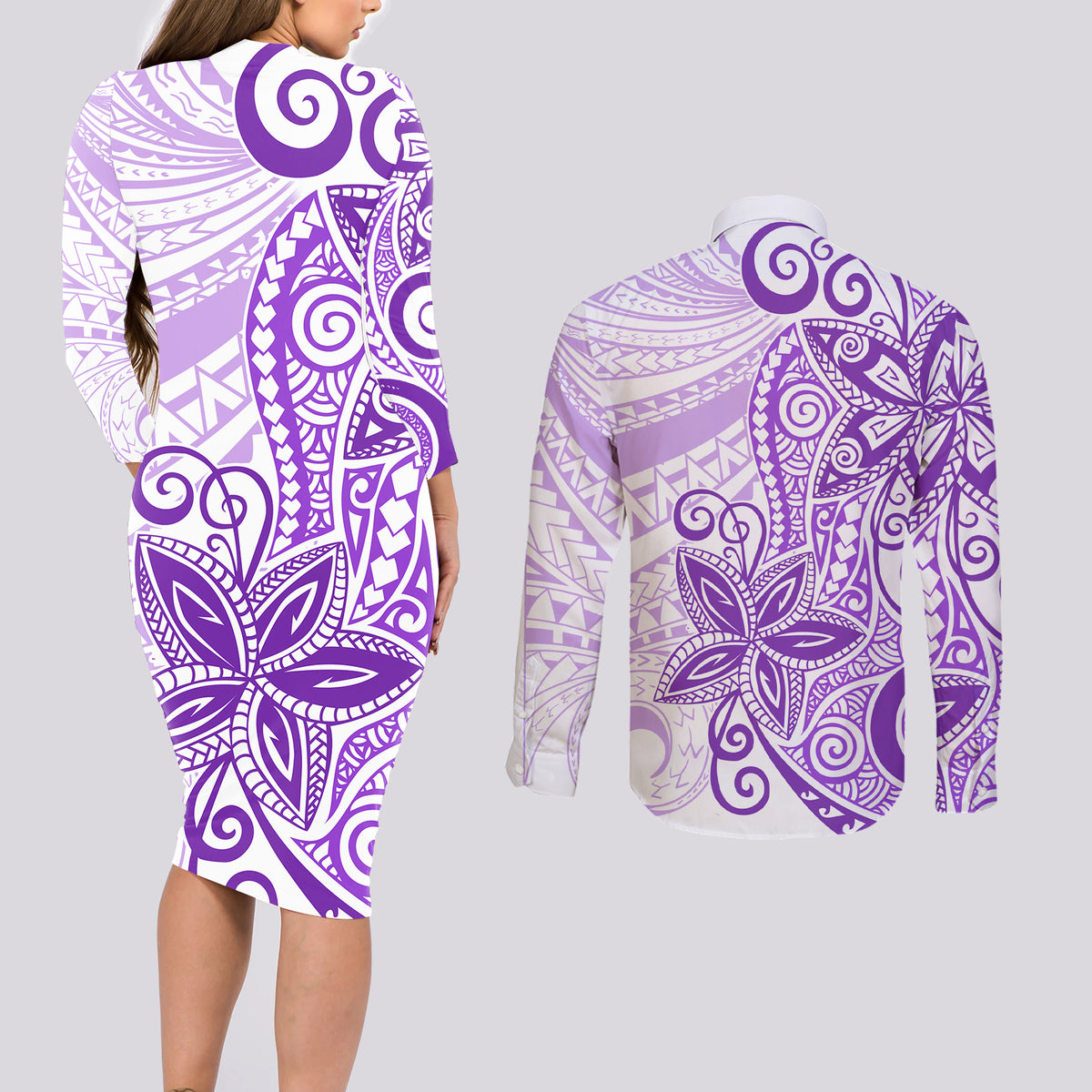 Polynesia Dolphins Couples Matching Long Sleeve Bodycon Dress and Long Sleeve Button Shirt Valentine Day Floral Polynesian - Vintage Purple LT14 - Polynesian Pride