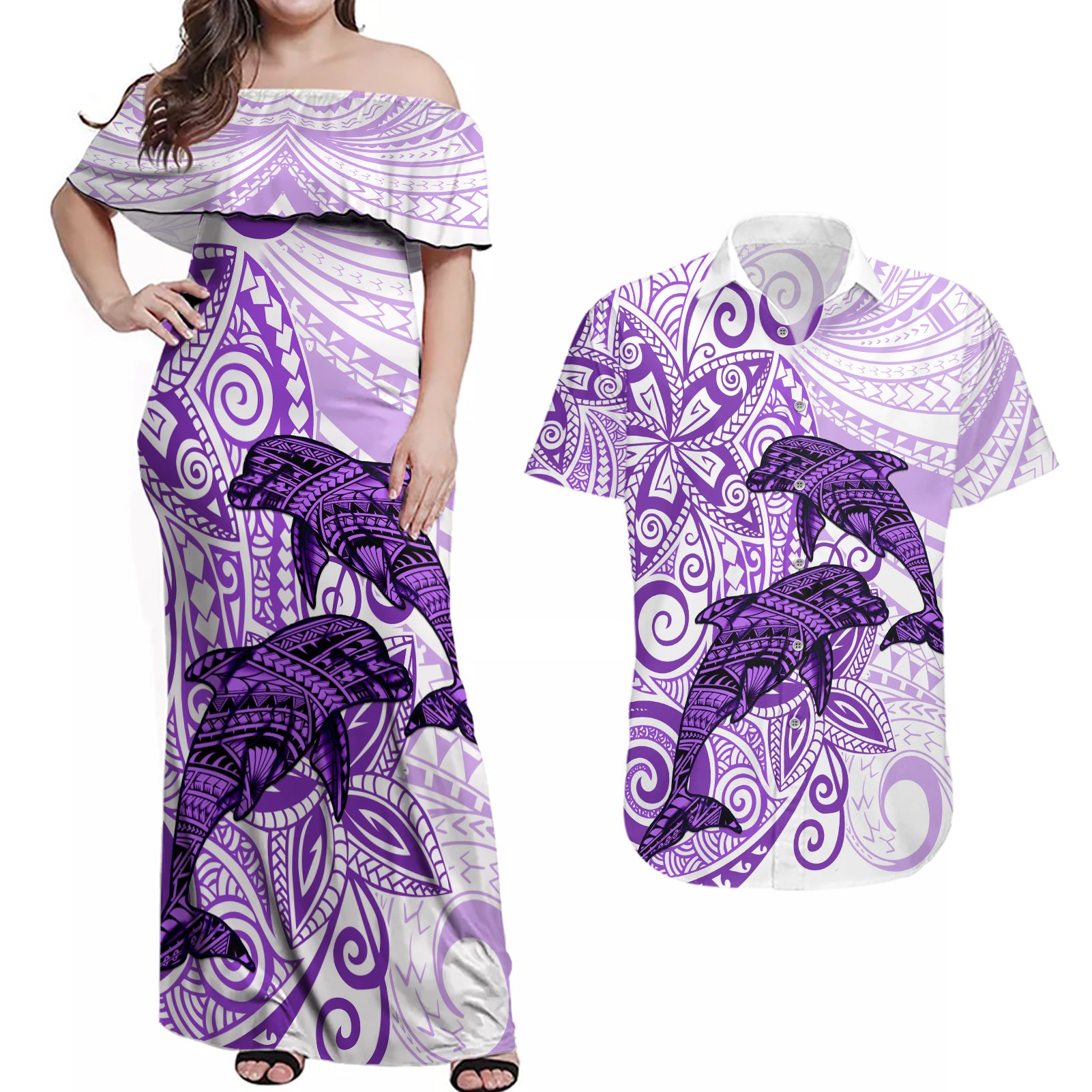 Polynesia Dolphins Couples Matching Off Shoulder Maxi Dress and Hawaiian Shirt Valentine Day Floral Polynesian - Vintage Purple LT14 Purple - Polynesian Pride