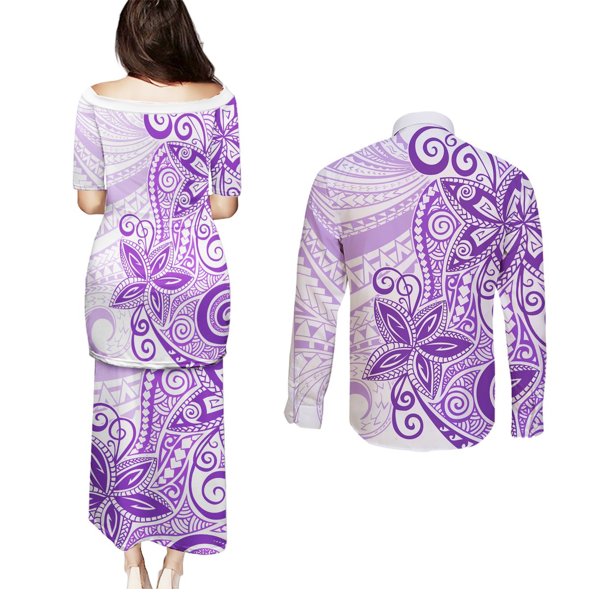 Polynesia Dolphins Couples Matching Puletasi and Long Sleeve Button Shirt Valentine Day Floral Polynesian - Vintage Purple LT14 - Polynesian Pride