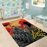 New Zealand and Australia ANZAC Day Area Rug Sliver Fern Kakapo With Golden Wattle Kangaroo