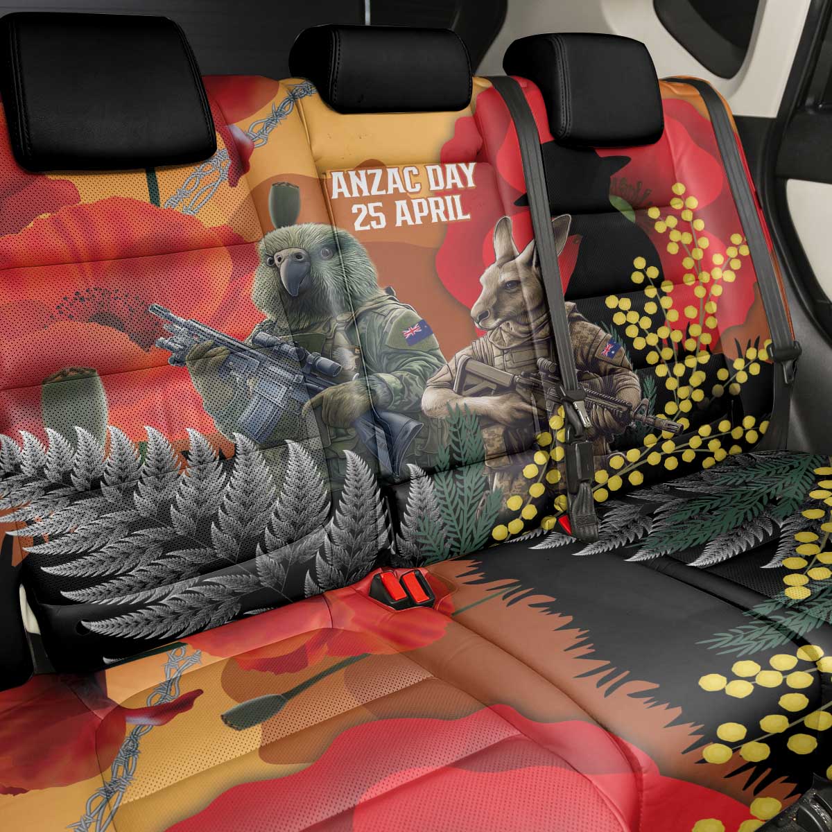 New Zealand and Australia ANZAC Day Back Car Seat Cover Sliver Fern Kakapo With Golden Wattle Kangaroo