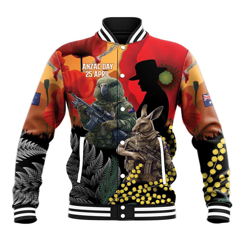 New Zealand and Australia ANZAC Day Baseball Jacket Sliver Fern Kakapo With Golden Wattle Kangaroo LT14 Unisex Gold - Polynesian Pride