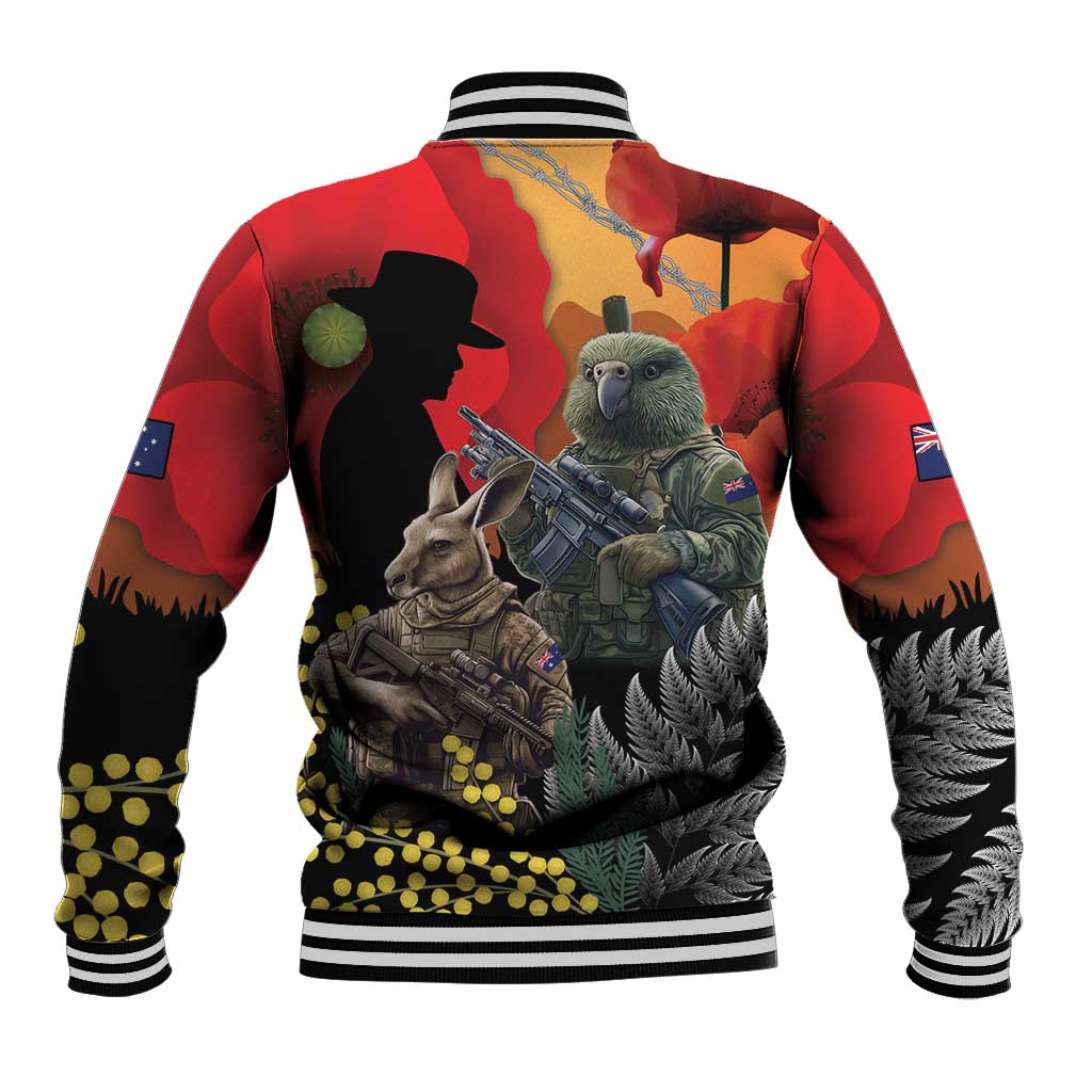 New Zealand and Australia ANZAC Day Baseball Jacket Sliver Fern Kakapo With Golden Wattle Kangaroo LT14 - Polynesian Pride