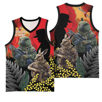 New Zealand and Australia ANZAC Day Basketball Jersey Sliver Fern Kakapo With Golden Wattle Kangaroo - Polynesian Pride