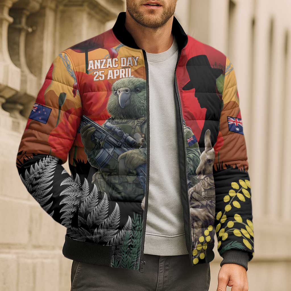 New Zealand and Australia ANZAC Day Bomber Puffer Jacket Sliver Fern Kakapo With Golden Wattle Kangaroo - Polynesian Pride