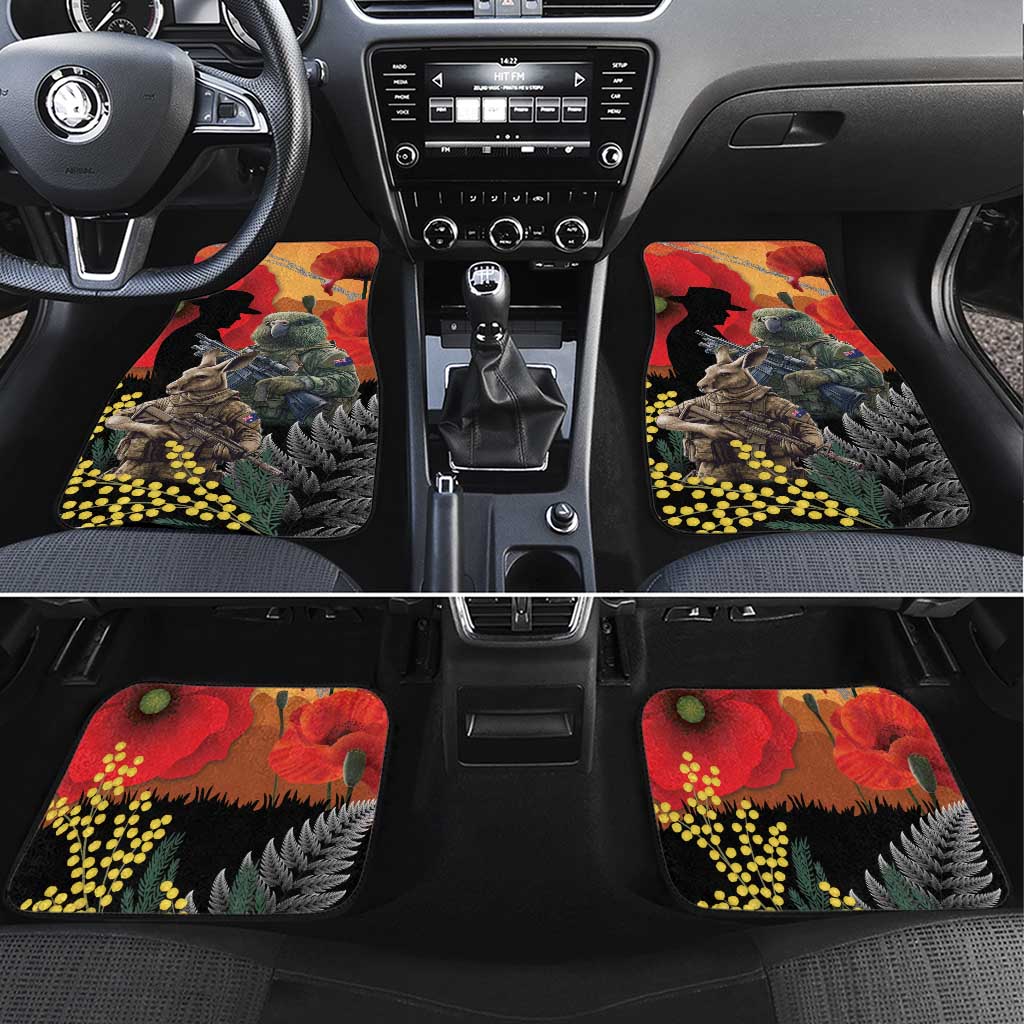 New Zealand and Australia ANZAC Day Car Mats Sliver Fern Kakapo With Golden Wattle Kangaroo LT14 Set 4pcs Gold - Polynesian Pride