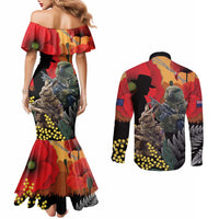New Zealand and Australia ANZAC Day Couples Matching Mermaid Dress and Long Sleeve Button Shirt Sliver Fern Kakapo With Golden Wattle Kangaroo LT14 - Polynesian Pride