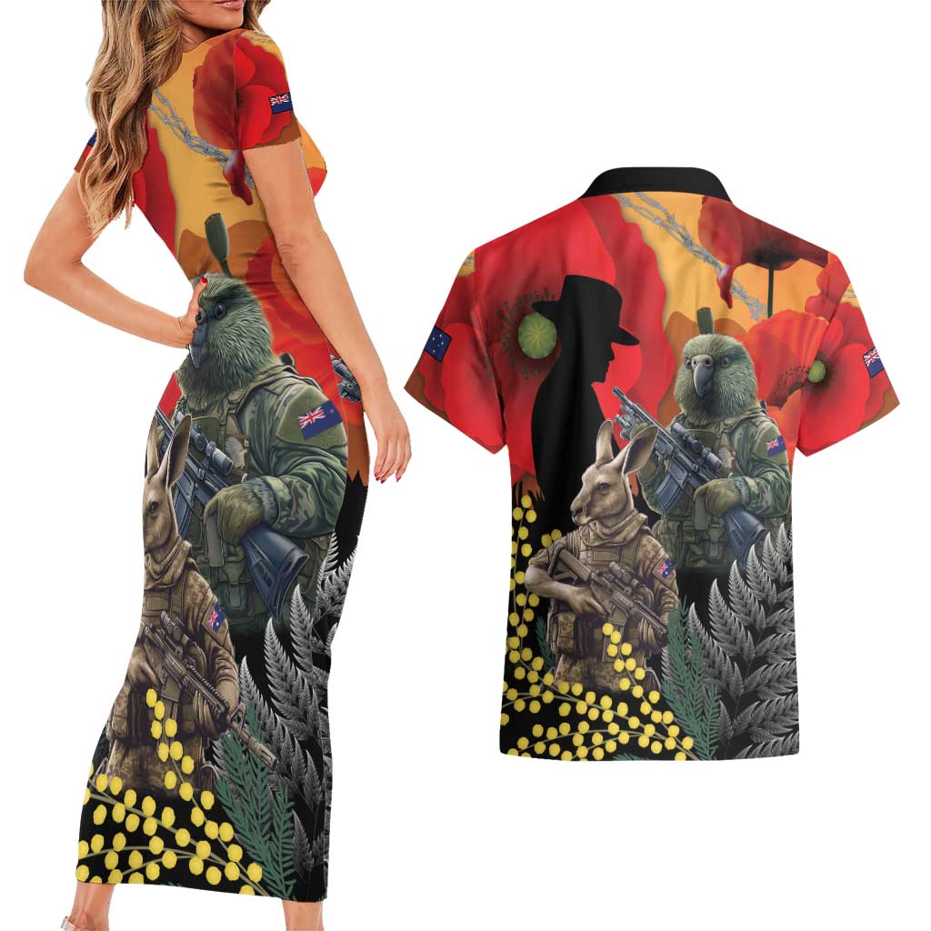 New Zealand and Australia ANZAC Day Couples Matching Short Sleeve Bodycon Dress and Hawaiian Shirt Sliver Fern Kakapo With Golden Wattle Kangaroo
