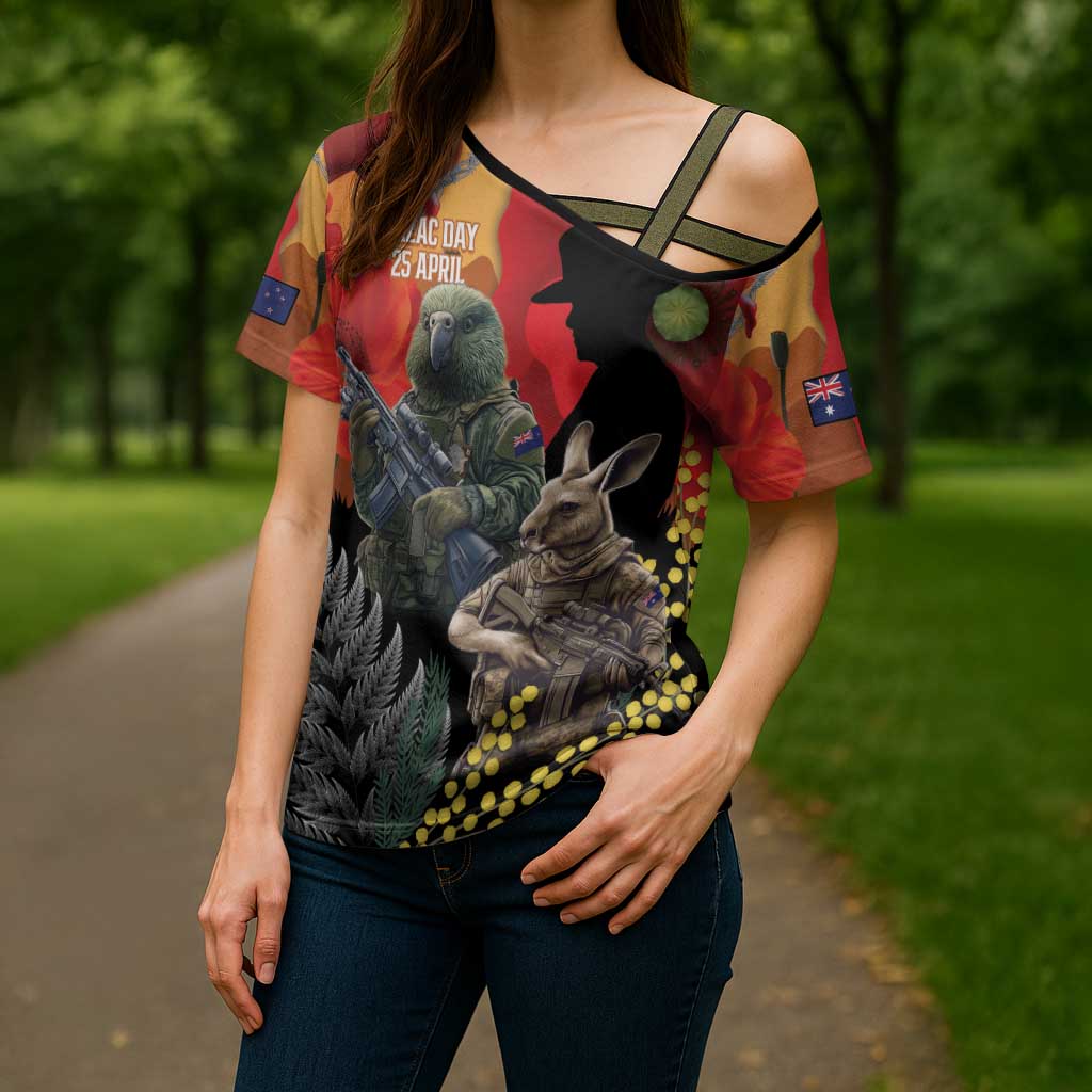 New Zealand and Australia ANZAC Day Cross Shoulder Shirt Sliver Fern Kakapo With Golden Wattle Kangaroo - Polynesian Pride