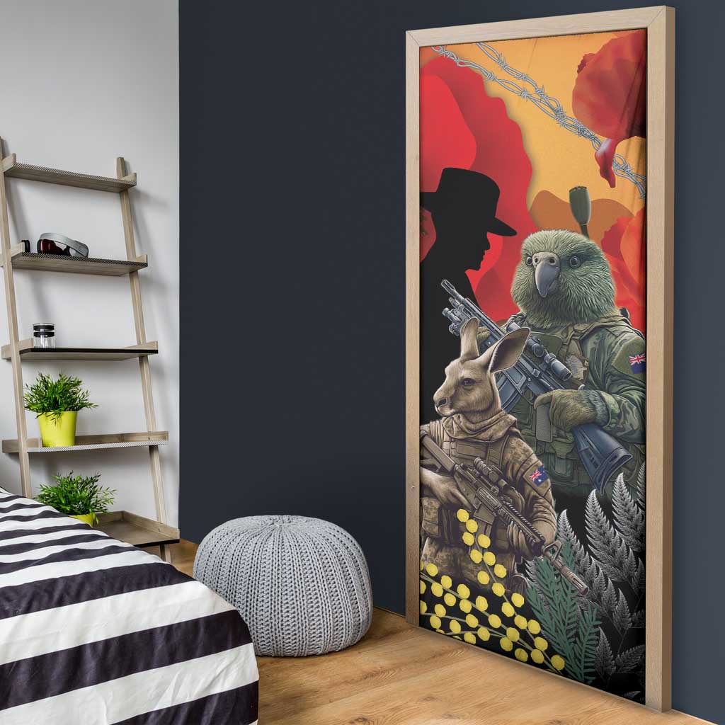New Zealand and Australia ANZAC Day Door Cover Sliver Fern Kakapo With Golden Wattle Kangaroo - Polynesian Pride