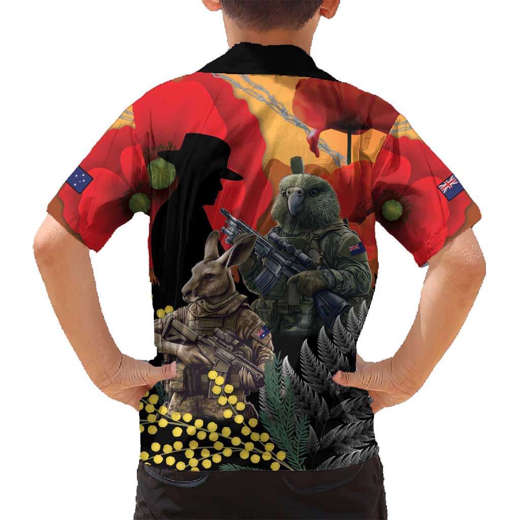 New Zealand and Australia ANZAC Day Family Matching Long Sleeve Bodycon Dress and Hawaiian Shirt Sliver Fern Kakapo With Golden Wattle Kangaroo LT14 - Polynesian Pride