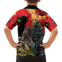 New Zealand and Australia ANZAC Day Family Matching Long Sleeve Bodycon Dress and Hawaiian Shirt Sliver Fern Kakapo With Golden Wattle Kangaroo LT14 - Polynesian Pride