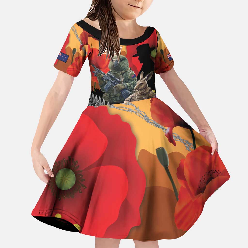 New Zealand and Australia ANZAC Day Family Matching Long Sleeve Bodycon Dress and Hawaiian Shirt Sliver Fern Kakapo With Golden Wattle Kangaroo LT14 Daughter's Dress Gold - Polynesian Pride
