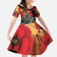 New Zealand and Australia ANZAC Day Family Matching Long Sleeve Bodycon Dress and Hawaiian Shirt Sliver Fern Kakapo With Golden Wattle Kangaroo LT14 Daughter's Dress Gold - Polynesian Pride