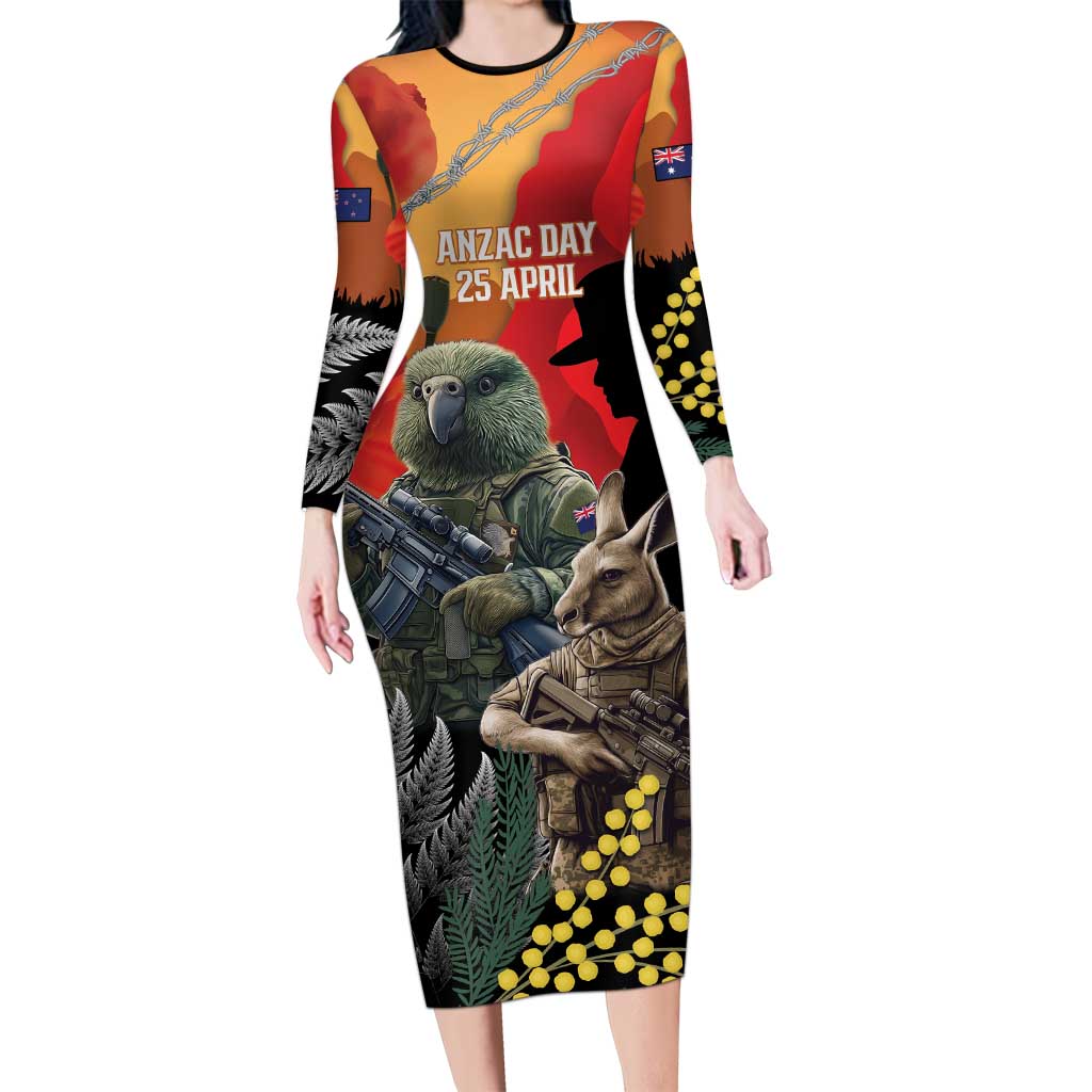New Zealand and Australia ANZAC Day Family Matching Long Sleeve Bodycon Dress and Hawaiian Shirt Sliver Fern Kakapo With Golden Wattle Kangaroo LT14 Mom's Dress Gold - Polynesian Pride