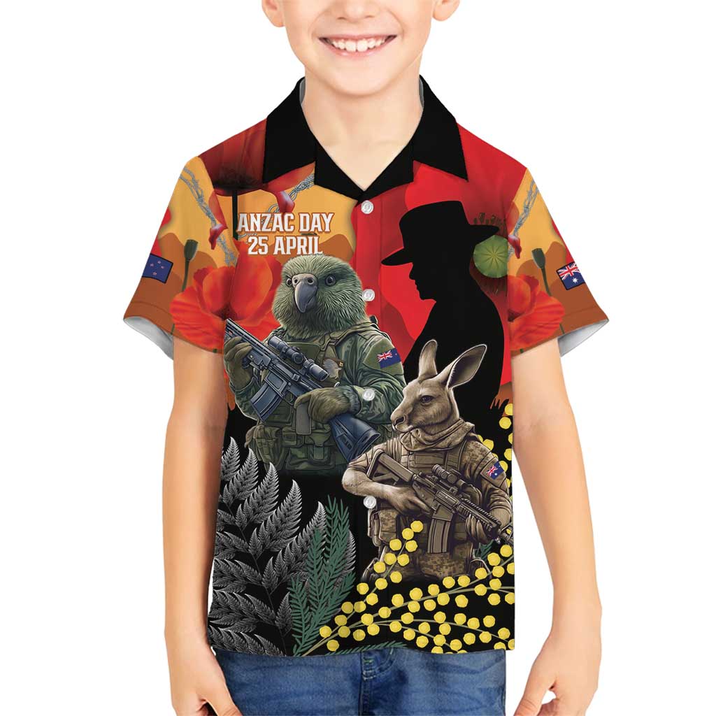 New Zealand and Australia ANZAC Day Family Matching Long Sleeve Bodycon Dress and Hawaiian Shirt Sliver Fern Kakapo With Golden Wattle Kangaroo LT14 Son's Shirt Gold - Polynesian Pride