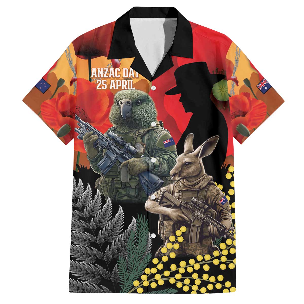 New Zealand and Australia ANZAC Day Family Matching Off The Shoulder Long Sleeve Dress and Hawaiian Shirt Sliver Fern Kakapo With Golden Wattle Kangaroo