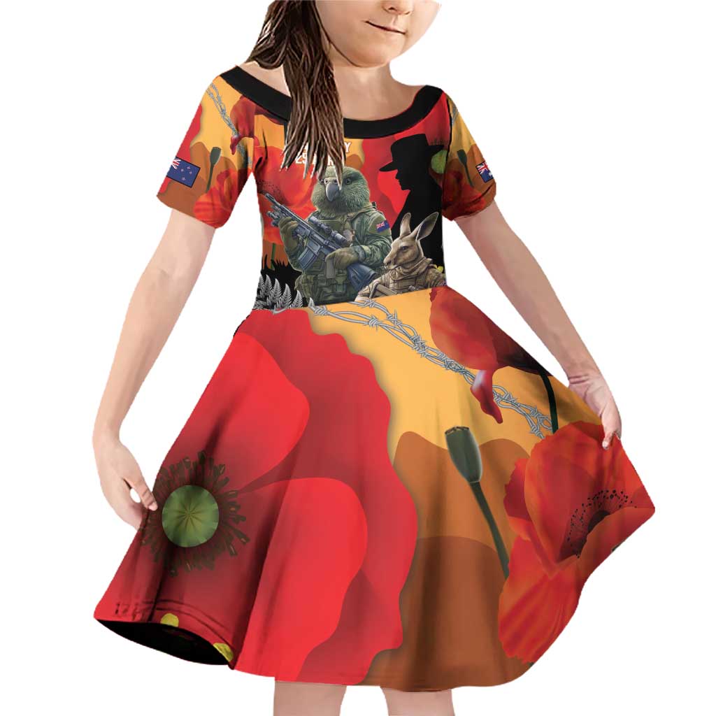New Zealand and Australia ANZAC Day Family Matching Off Shoulder Short Dress and Hawaiian Shirt Sliver Fern Kakapo With Golden Wattle Kangaroo LT14 Daughter's Dress Gold - Polynesian Pride