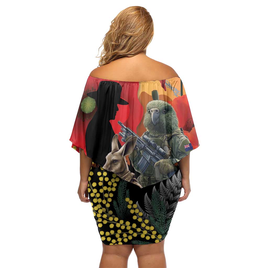 New Zealand and Australia ANZAC Day Family Matching Off Shoulder Short Dress and Hawaiian Shirt Sliver Fern Kakapo With Golden Wattle Kangaroo LT14 - Polynesian Pride
