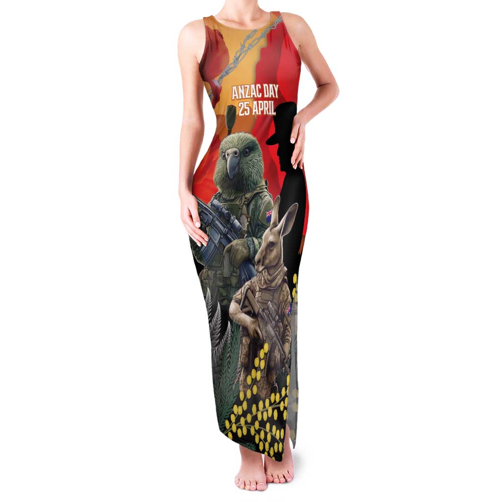 New Zealand and Australia ANZAC Day Family Matching Tank Maxi Dress and Hawaiian Shirt Sliver Fern Kakapo With Golden Wattle Kangaroo