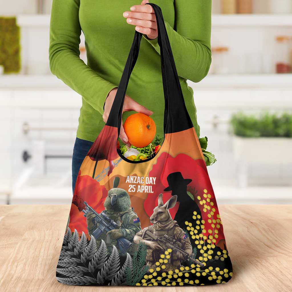 New Zealand and Australia ANZAC Day Grocery Bag Sliver Fern Kakapo With Golden Wattle Kangaroo