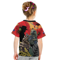 New Zealand and Australia ANZAC Day Kid T Shirt Sliver Fern Kakapo With Golden Wattle Kangaroo