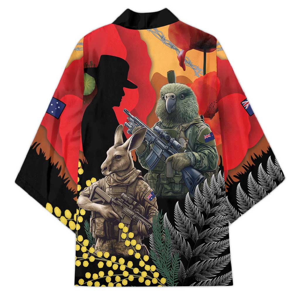 New Zealand and Australia ANZAC Day Kimono Sliver Fern Kakapo With Golden Wattle Kangaroo - Polynesian Pride
