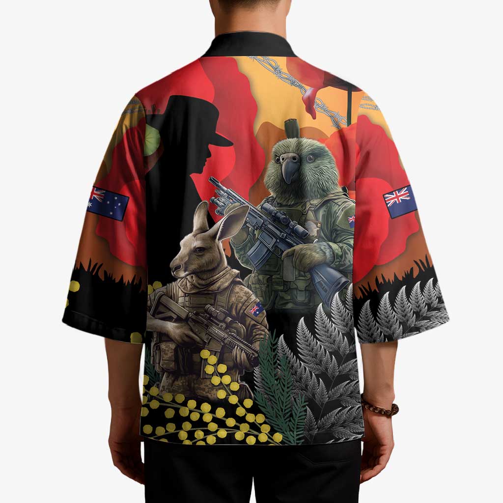 New Zealand and Australia ANZAC Day Kimono Sliver Fern Kakapo With Golden Wattle Kangaroo - Polynesian Pride