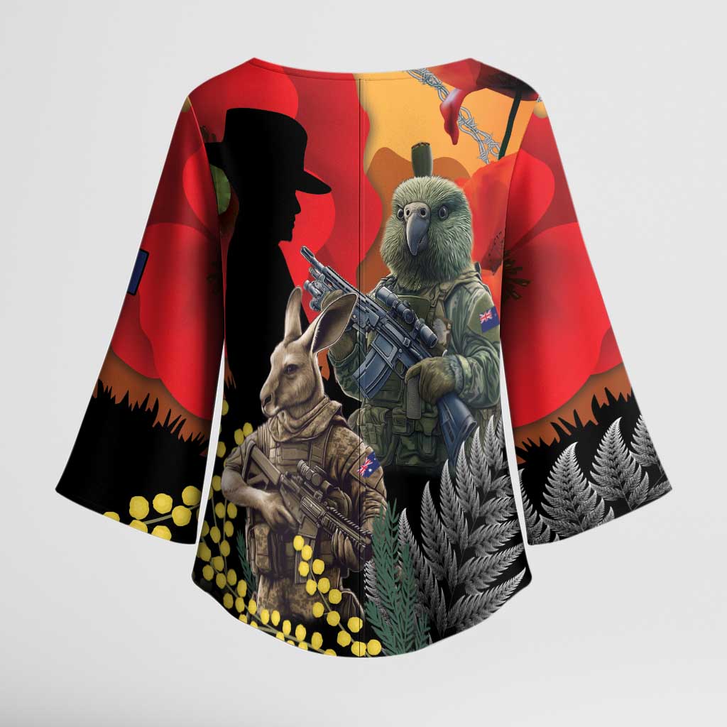 New Zealand and Australia ANZAC Day Kimono Sleeve Blouse Sliver Fern Kakapo With Golden Wattle Kangaroo - Polynesian Pride