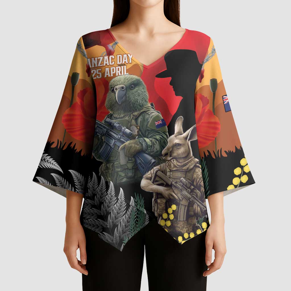 New Zealand and Australia ANZAC Day Kimono Sleeve Blouse Sliver Fern Kakapo With Golden Wattle Kangaroo - Polynesian Pride