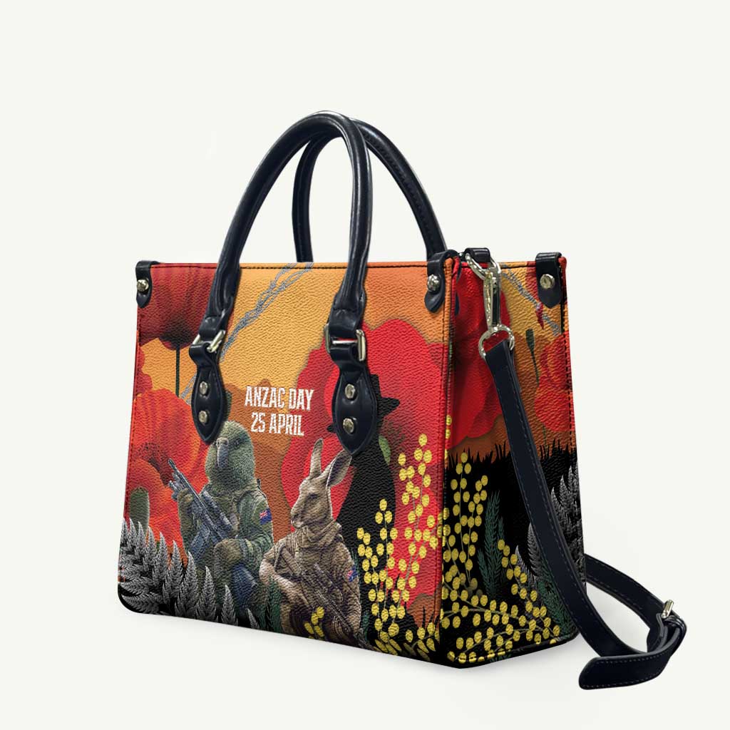 New Zealand and Australia ANZAC Day Leather Bag Sliver Fern Kakapo With Golden Wattle Kangaroo - Polynesian Pride